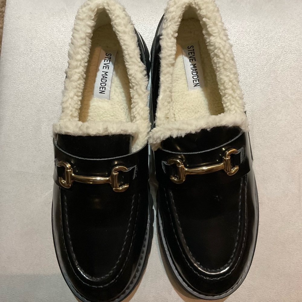 Steve Madden Black Loafers with Gold Detail
